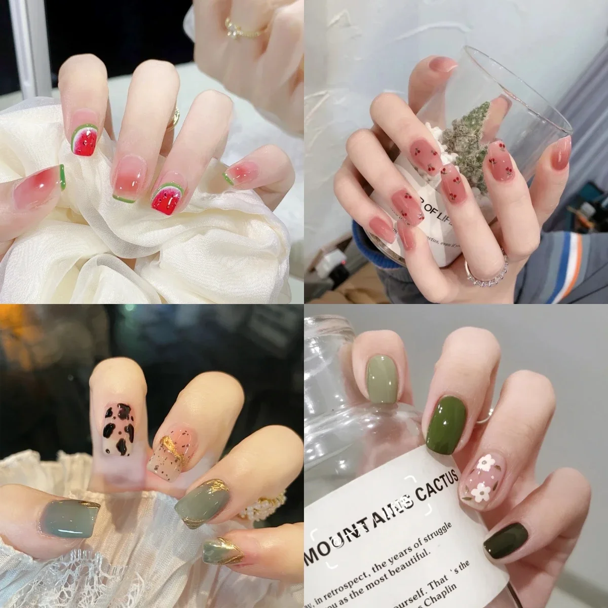 Fake Nails 24Pcs/Box Frozen Watermelon Women Girls Nail Art Fake Nails Handmade Coffin Cute Kawaii Press-On Nails
