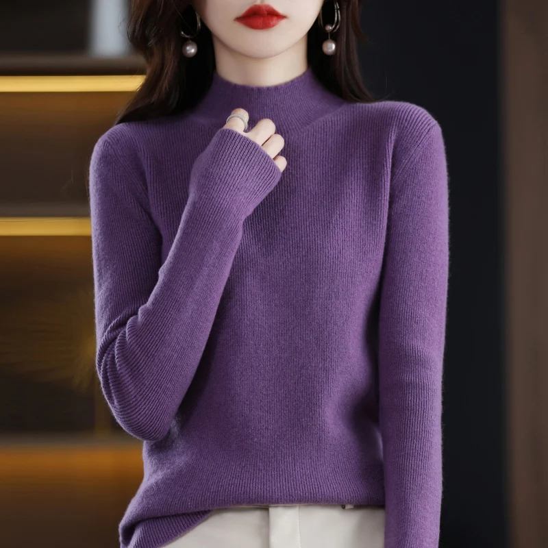

Women's Sweater Half High Collar Pullover Long Sleeve 022 Autumn Winter Slim Fit Knitwear Concave Stripe Fashion Versatile Trend