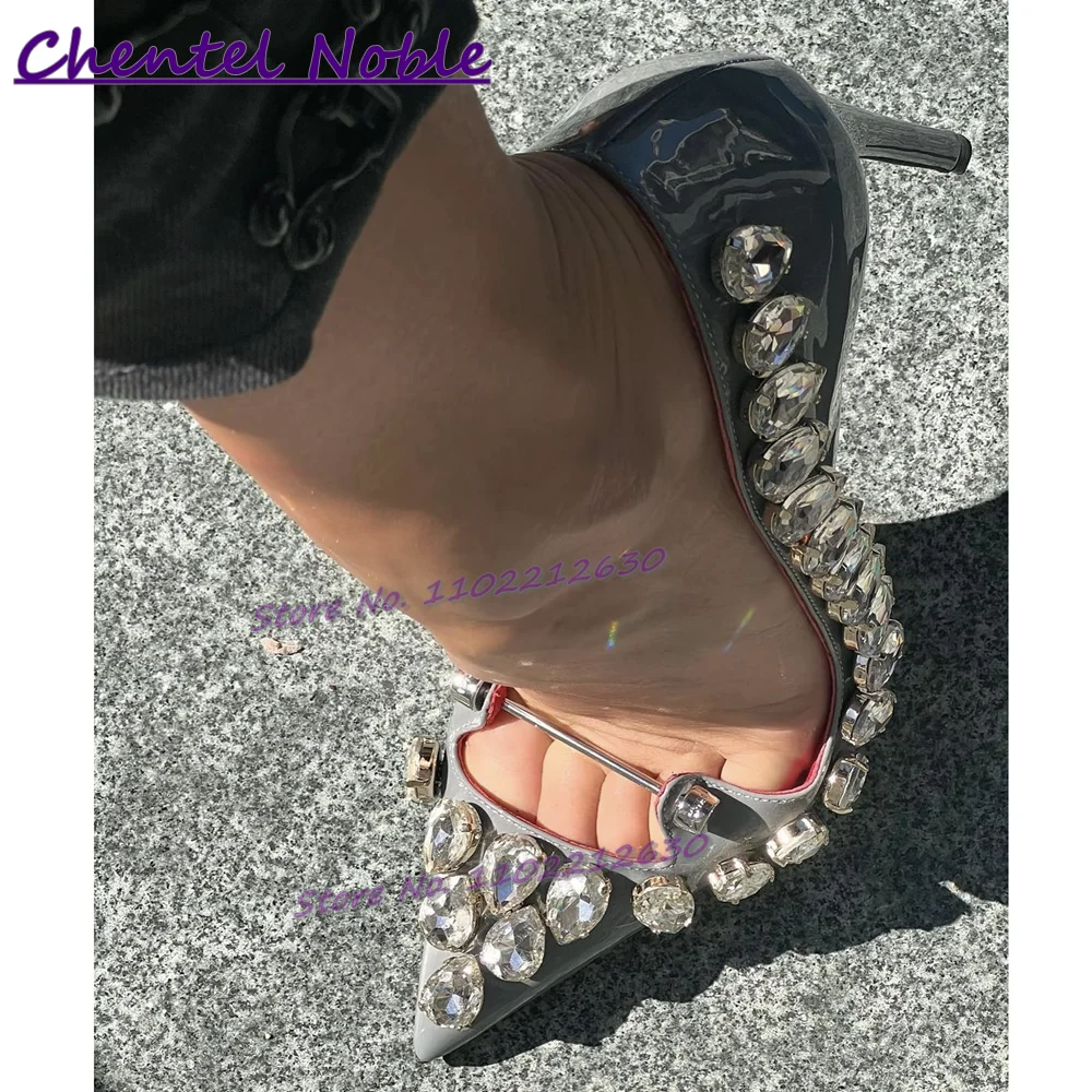 

Rhinestone Bordered Pumps Sexy Metal Decro Women Shoes Pointy Toe Shallow Slip On Party Stilettos Fashion Plus Size High Heeled