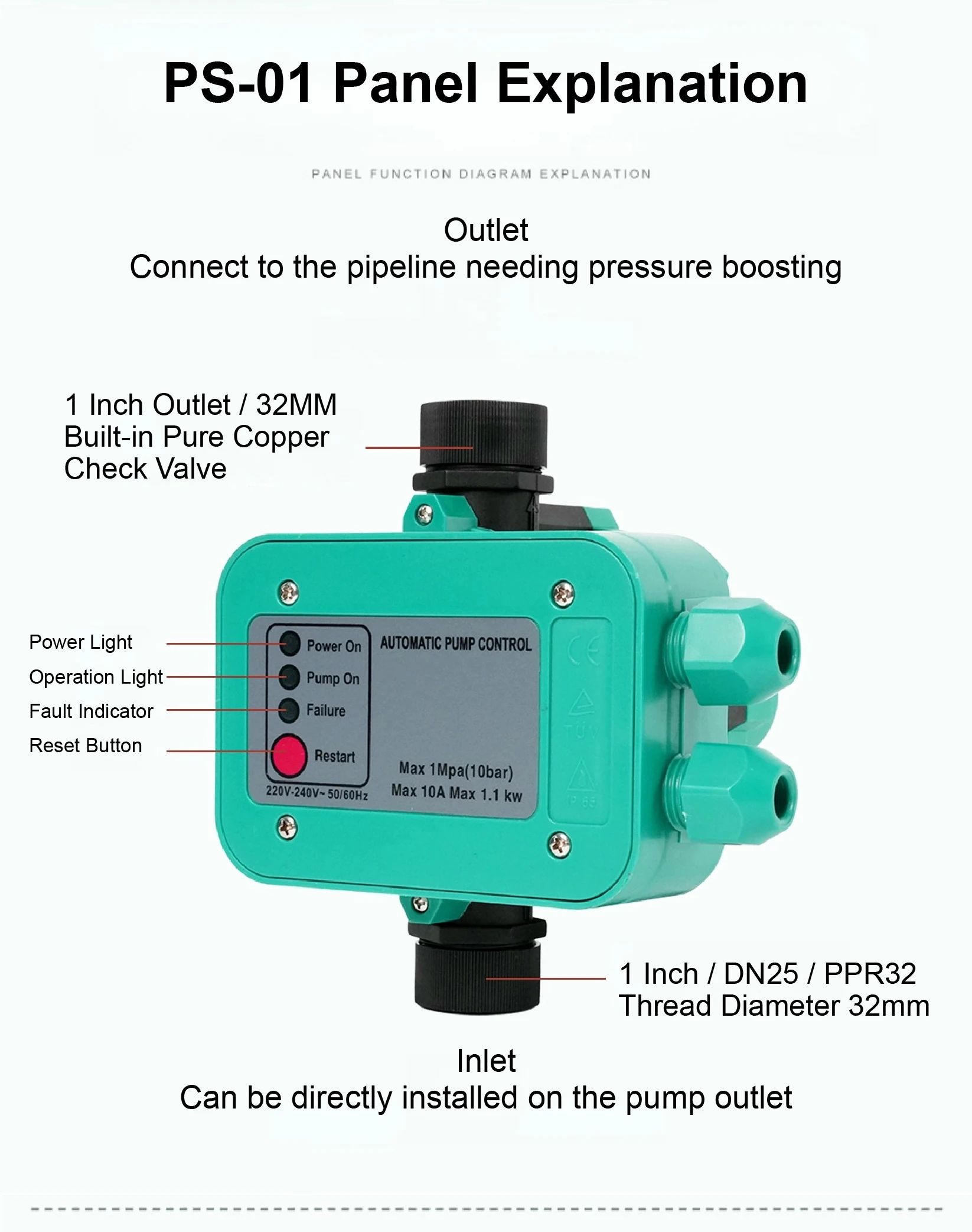 S18 Water Pump Pressure Controller Adjustable Pressure Automatic Switch Pipeline