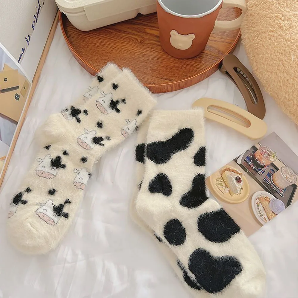 

Cute Cow Printed Mid Tube Socks Autumn Winter Thicken Warm Socks For Women Soft Fluffy Thermal Homewear Sleeping Floor Socks