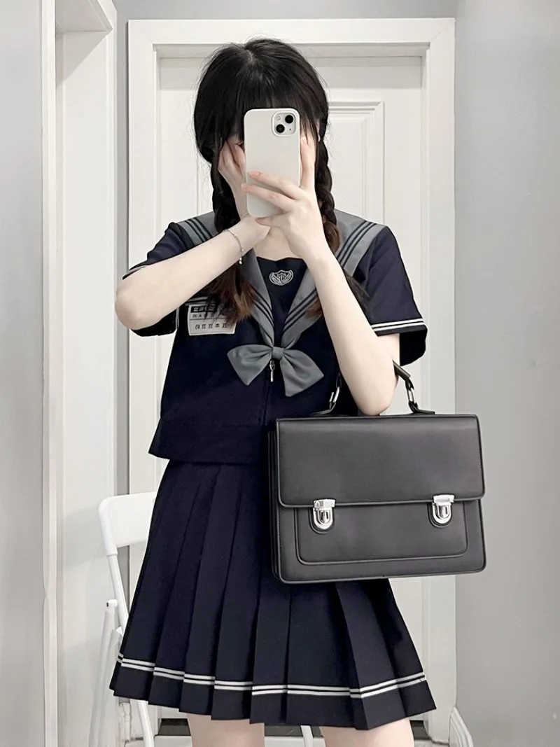 New Japanese Lolita Style Summer And Autumn Campus Skirt Top Sets JK Uniform Navy Dark Skirts Stripe Pleated Soft Outfits Female