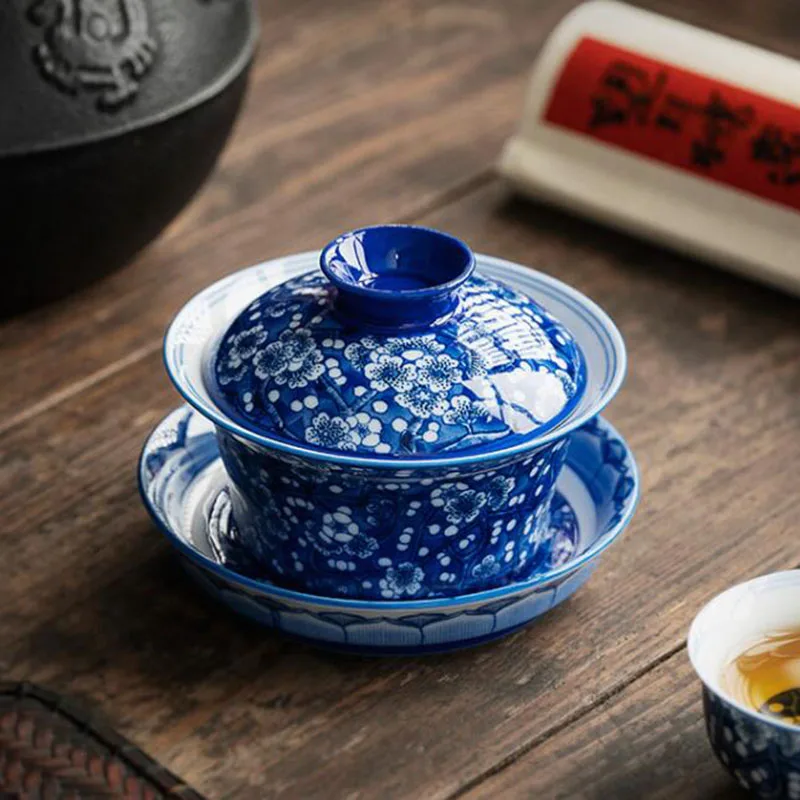 Porcelain Blue and White Plum Blossom Pattern Sancai Gaiwan Kungfu Tea Cup Infuser Tea Bowl Kitchen Teaware
