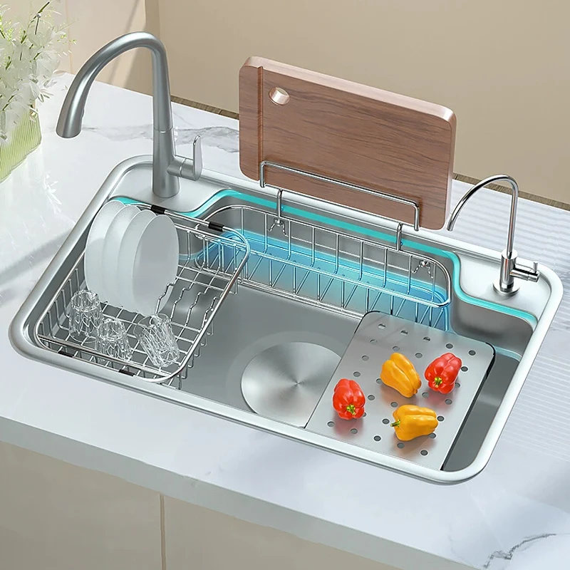 Stainless Steel Kitchen Sink With Rack Shelf Large Single Slot Household Washing Basin Multifunctional Pool For Kitchen