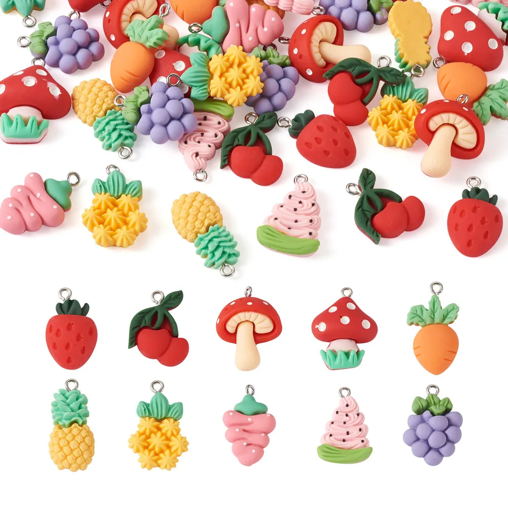 

40Pcs Cute Opaque Resin Fruit Pendants Imitation Food Cherry Grape Strawberry Charms for Dangle Earrings Keychain Jewelry Making