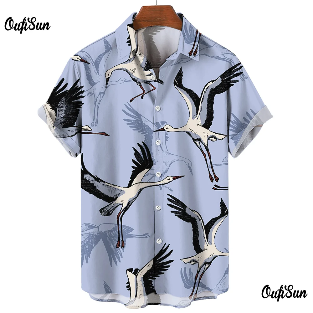 

Feihe Shirt For Men Crane Print Shirt China Harajuku Blouses Male Fashion Lapel Tops Summer Tees Casual Men's Oversized Clothing