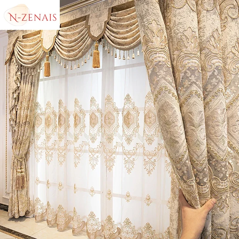 European Coffee Embroidered Luxury Curtains for Living Room Bedroom Blackout Dining Room Chenille Valance Elegant Tulle Thicken