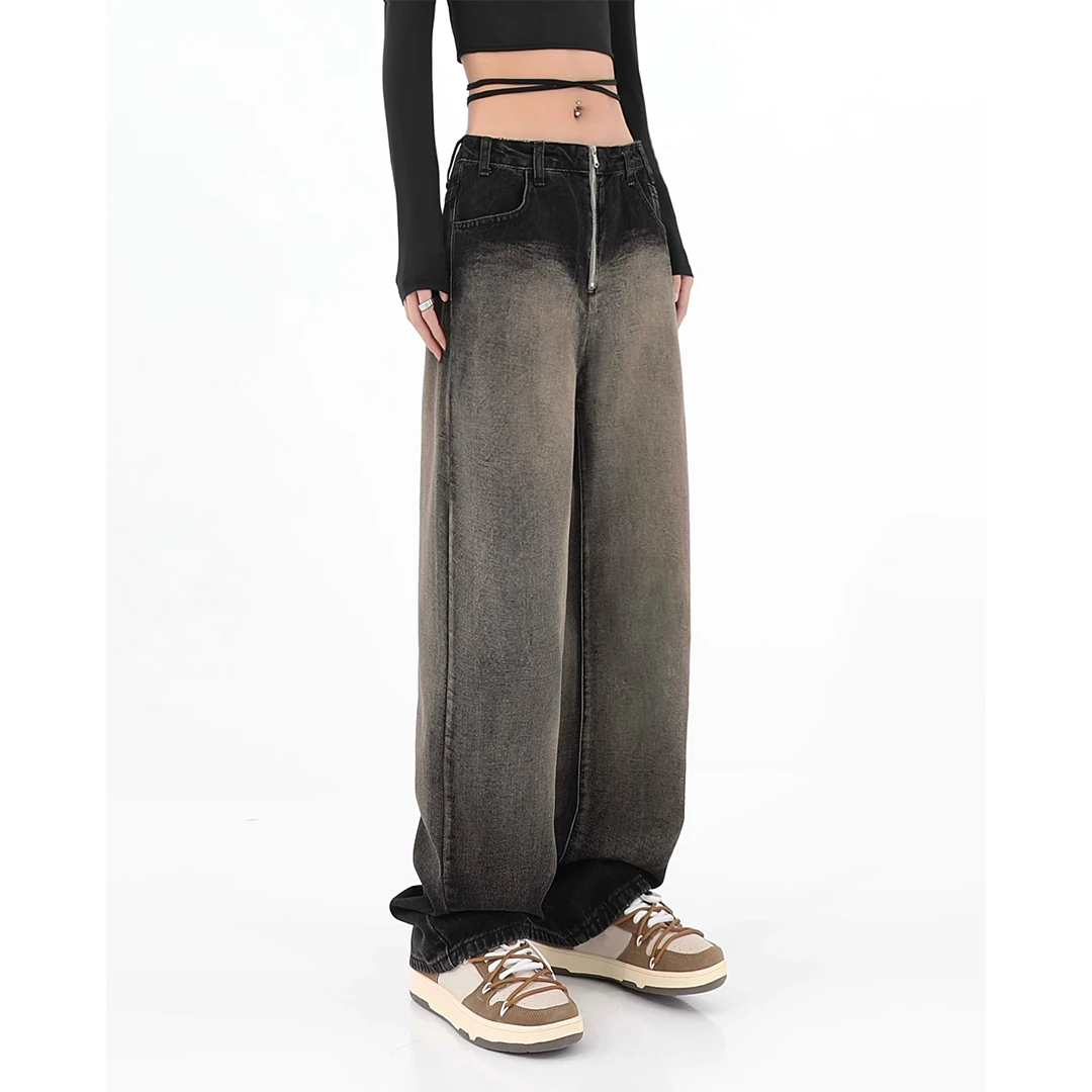 

American Zipper Black high street design sense gradient jeans women's spring autumn high waist loose wide leg mopping pants