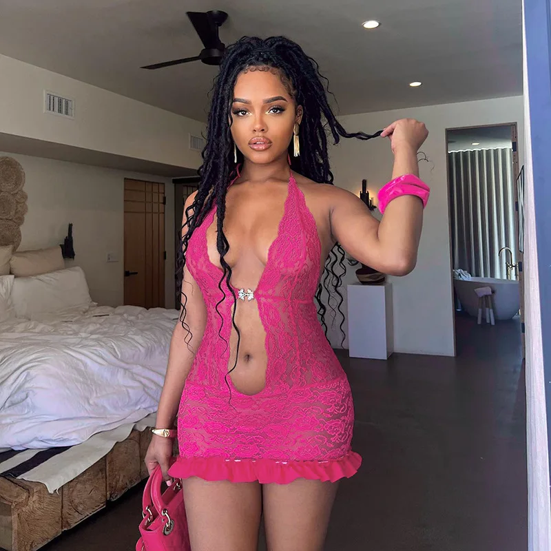 

2024 Summer Sexy Lace See Through Bodycon Mini Dress Women Solid Halter Bandage Hollow Backless Spicy Girls Dresses Streetwear