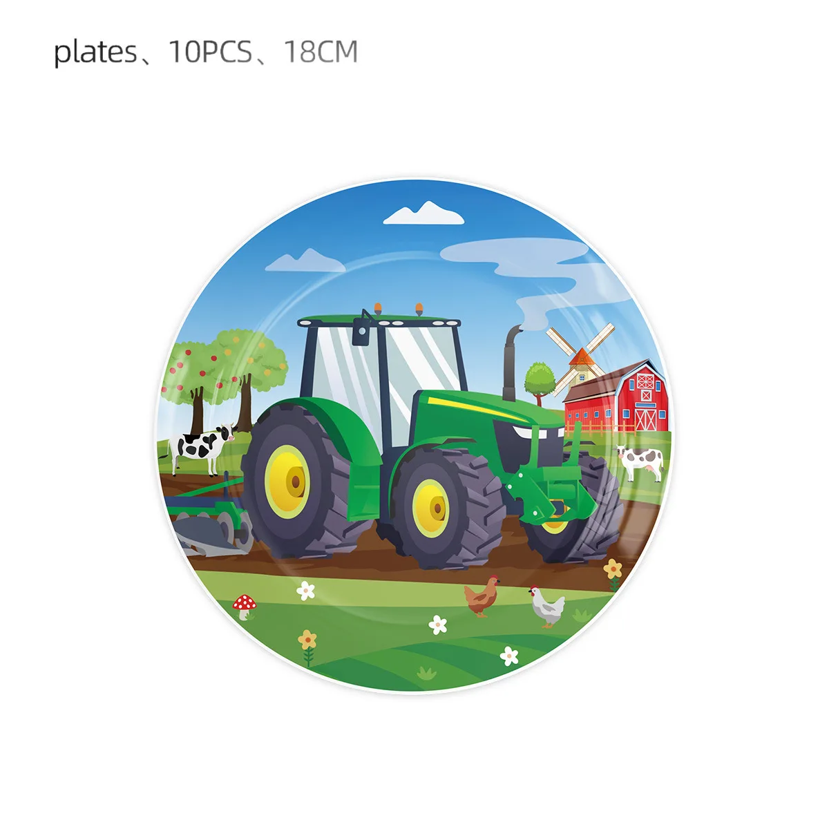 Green Farm Tractor Birthday Party Tableware Set with Banner, Balloons, Cups, Plates, and Napkins