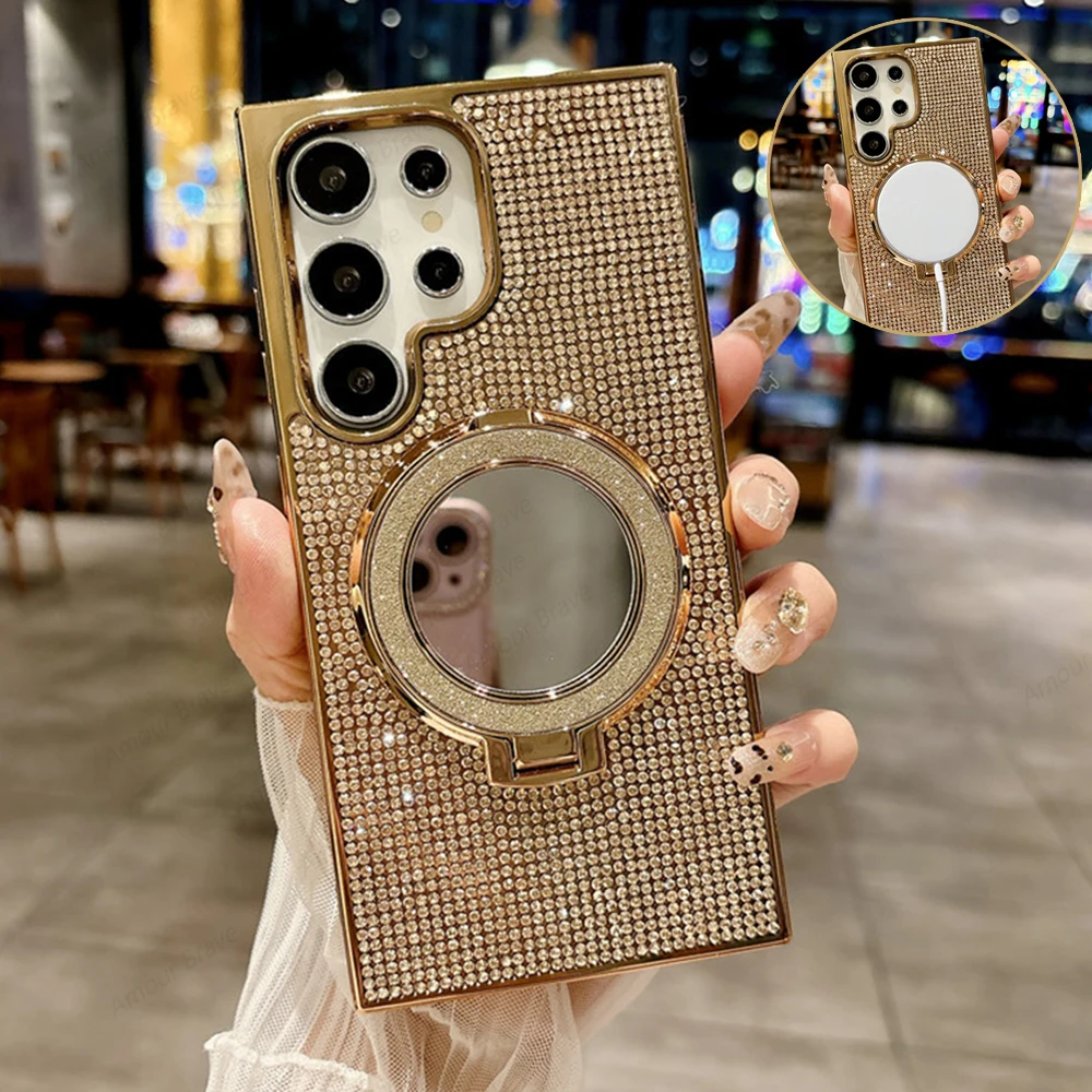 Magnetic Glitter Diamond Phone Case with Mirror Bracket Holder