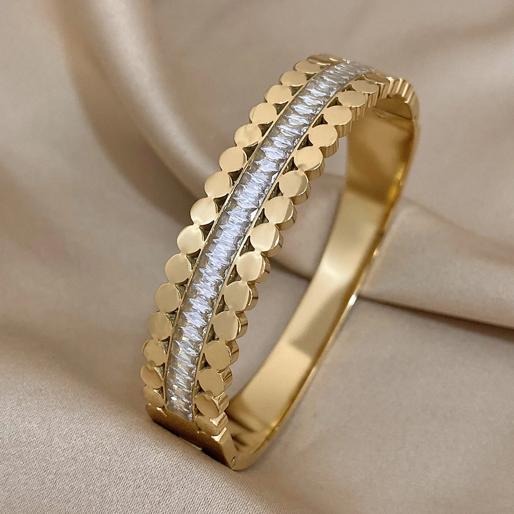 Freetry New Fashion Stainless Steel Layered Inlaid Zirconia Cuff Bangles for Women Oval Wave Geometric Bracelets Party Jewelry 5