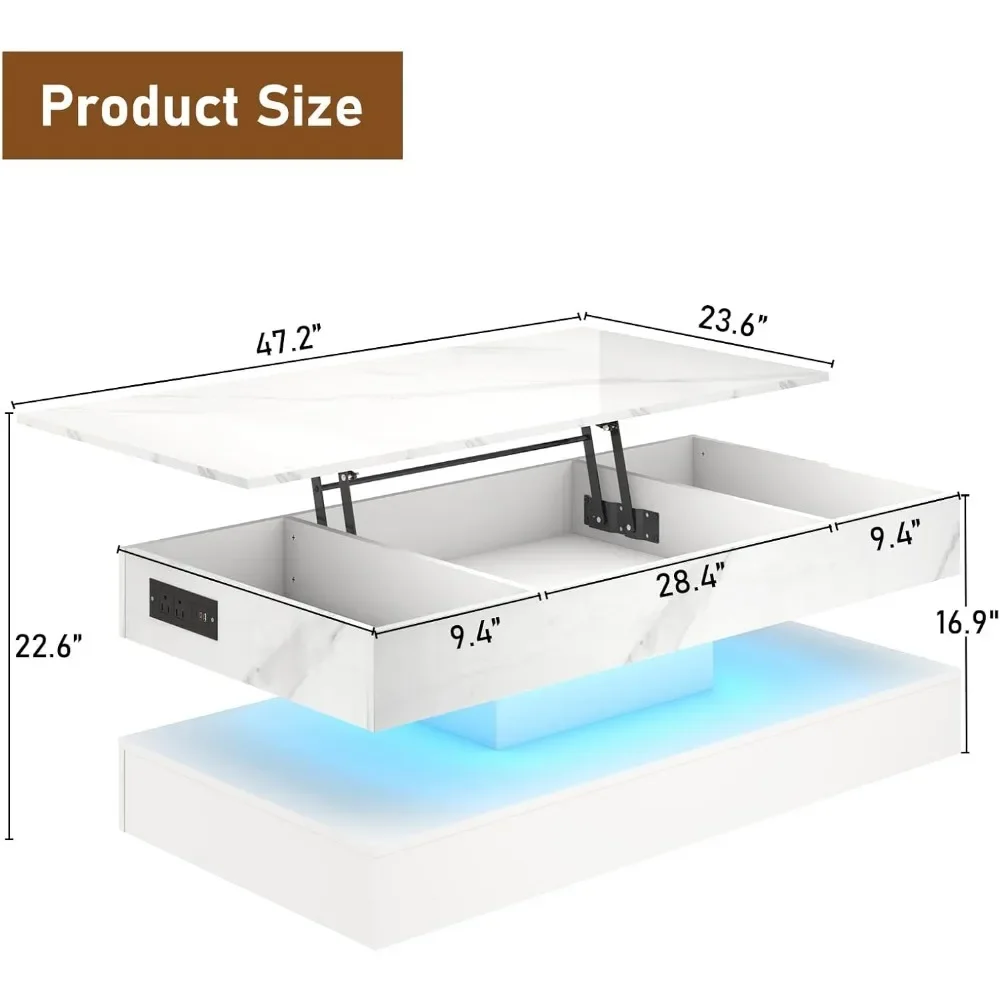 47.2" Large Lift Top Coffee Table with Charging Station, Hidden Compartment Storage, Marbling Print, LED High Glossy Tables 5