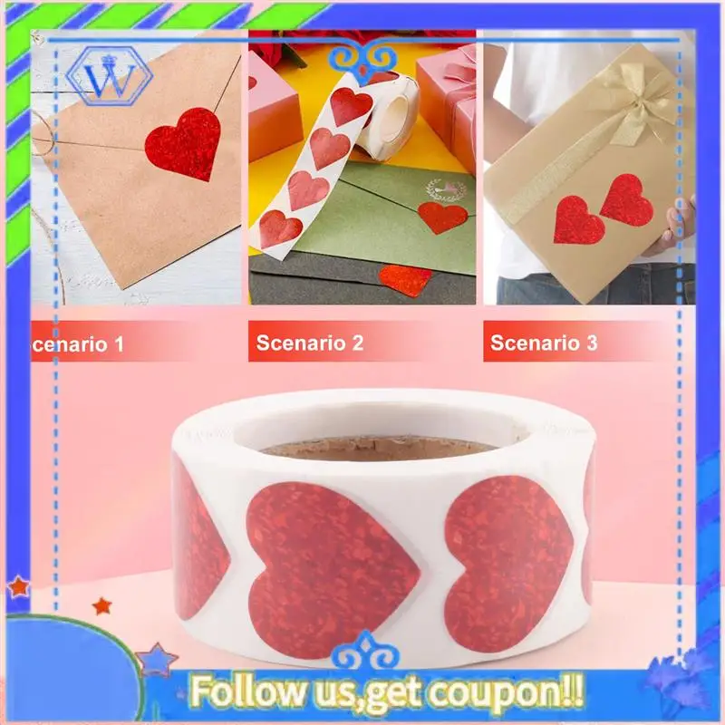 Easy To Use Valentine's Day Glitter Heart Stickers,Red Heart Stickers Roll,Heart Labels For Anniversaries Wedding(500Pcs/Roll)