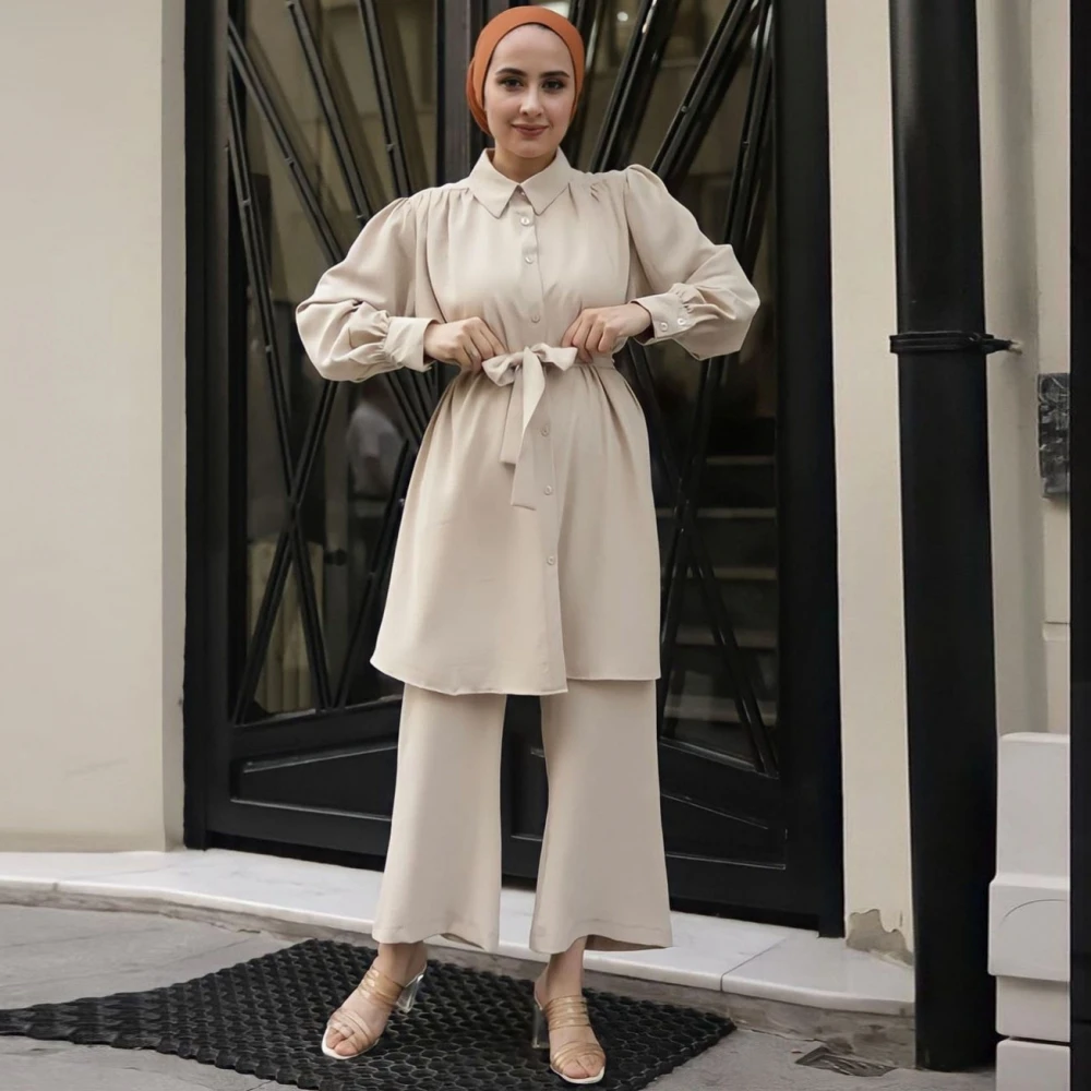 

Eid Mubarak Abaya Turkey Hijab Two-piece Muslim Sets Dress Caftan Kaftans Islam Clothing 2 Piece Set Women Loose Wide Leg Pants