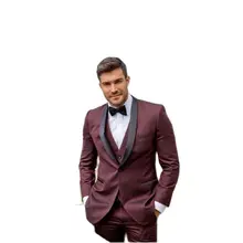 

2022 New Arrival Black Shawl Collar Men's Burgundy Suits Hot Selling Custom Made One Button Handsome Casual Wear Blazer 3 Pieces