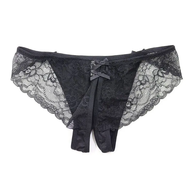 Women Sexy Lingerie Bowknot Hallow Out Exotic Open Crotch Panties Thong Female Transparent Lace Crotchless G-String Underwear