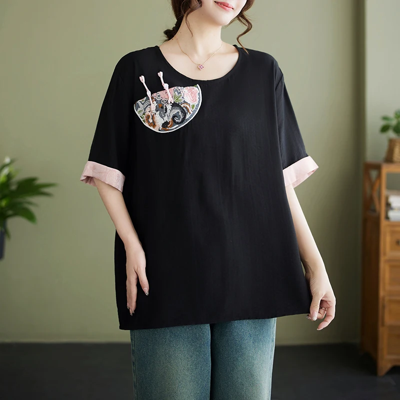 

Short Sleeve Buckle Embroidery Floral Vintage Chinese Style Summer T Shirts Loose Tops Cotton Fashion Women Casual T-Shirts Tees