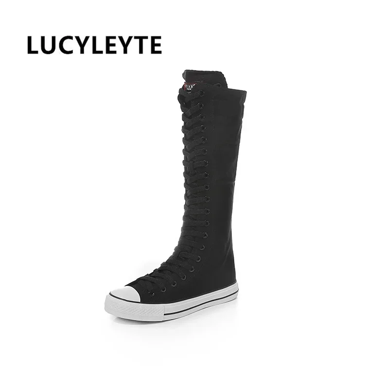 Women Knee High Canvas Boots Lace Zipper Flat Shoes