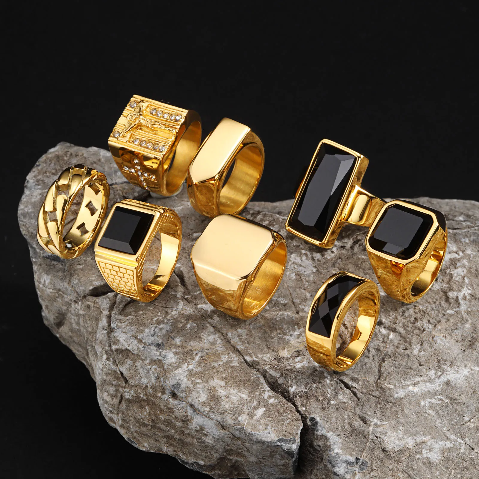 Vnox Retro Niche Rings For Men, Stainless Steel Art Carved Gemstone Inlaid Rings, Hip Hop Male Finger Casual Trendy Wear 2