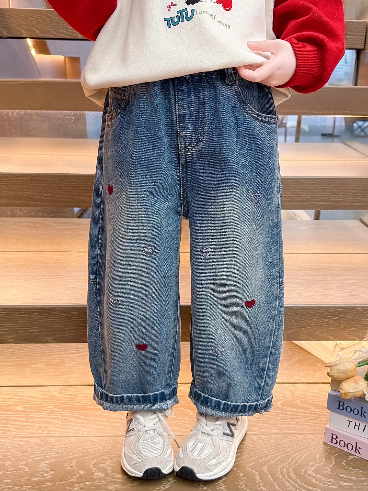 트렌디한 여아 데님 청바지 루즈 스트레이트 레그 롱 팬츠 아동용 봄 가을 캐주..