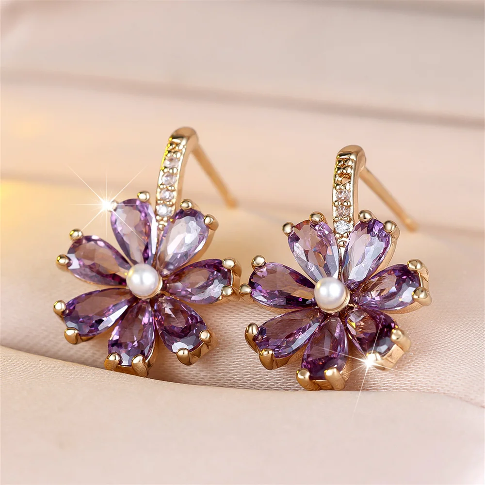 Green Zircon Daisy Flower Simulated Pearl Stud Earrings For Women Vintage Gold Color Wedding Earring Valentines Day Jewelry Gift