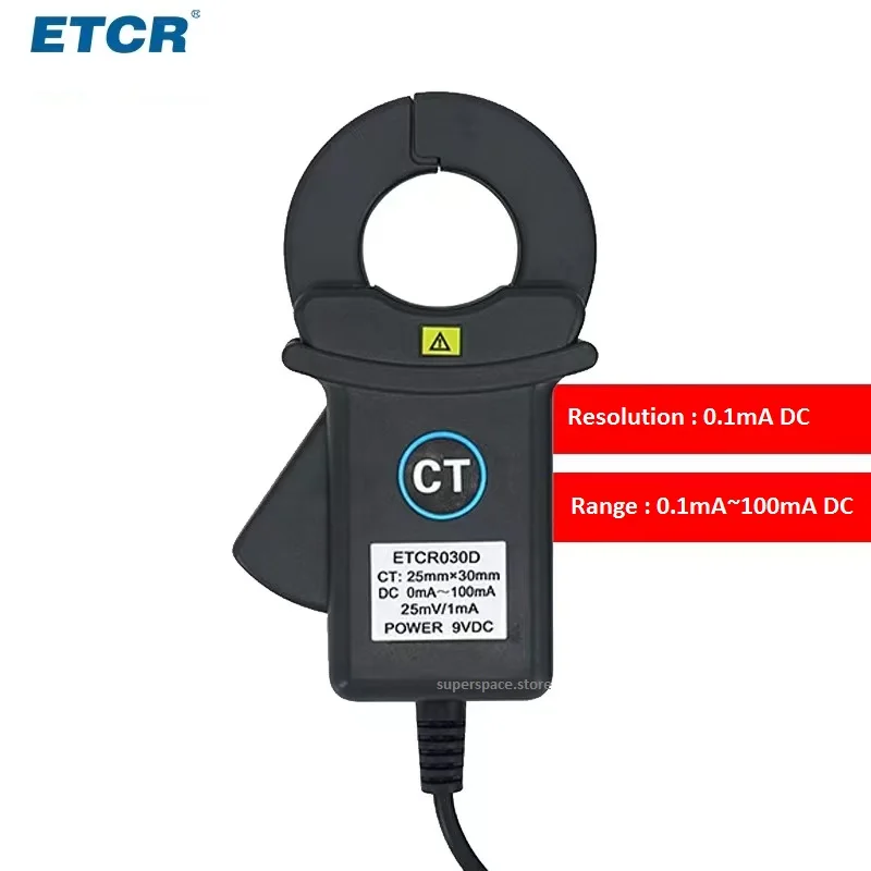 

ETCR030D Clamp DC Leakage Current Sensor Range 0mA～100mA DC Strong Anti-interference Ability AC 3700V/ms Insulating Strength