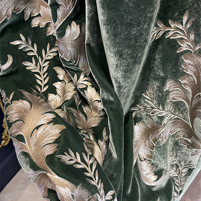 thumbnail image 1 of Olive Green Chocolate Brown Embroidery Stitching Velvet Gilt Curtains for Living Room Bedroom French Window Villa Customized, 1 of 5