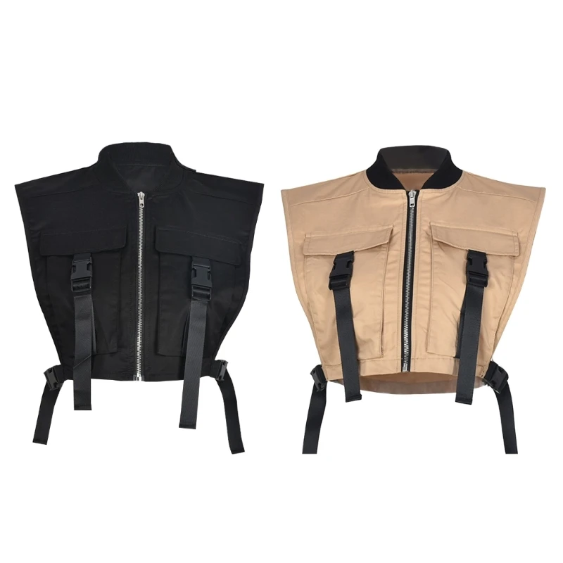 

Stand Collar Sleeveless Cargo Vest Women Punk Rock Buckled Zipper Coat Outwear