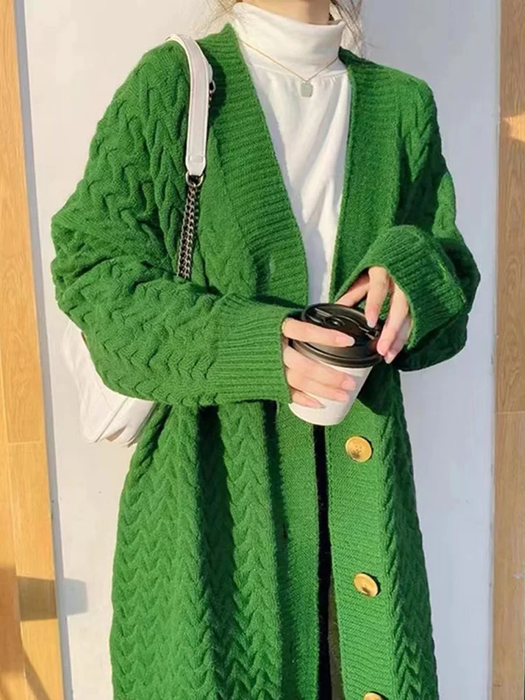 Fashion New Autumn and Winter Women's Medium and Long Knitted Cardigan Sweater Solid Color Versatile Elegant Women's Coat Top