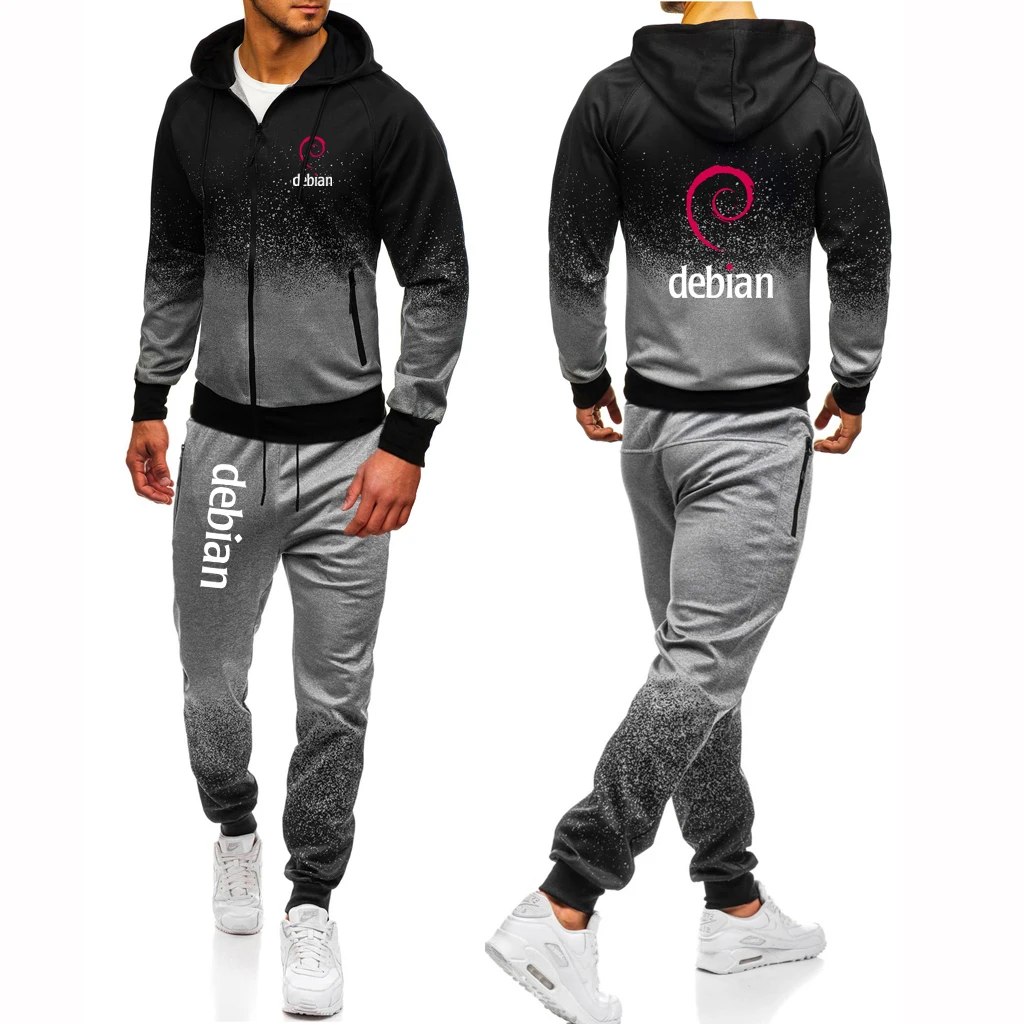 Cotton Gradient Tracksuit Men Casual Hoodie Zipper Jacket Pants