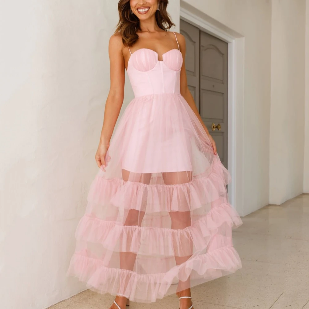 

Romantic Party Dress For Women Sweetheart Neck Evening Illusional Gowns Spaghetti Straps A Line Prom Dresses فساتين سهرة
