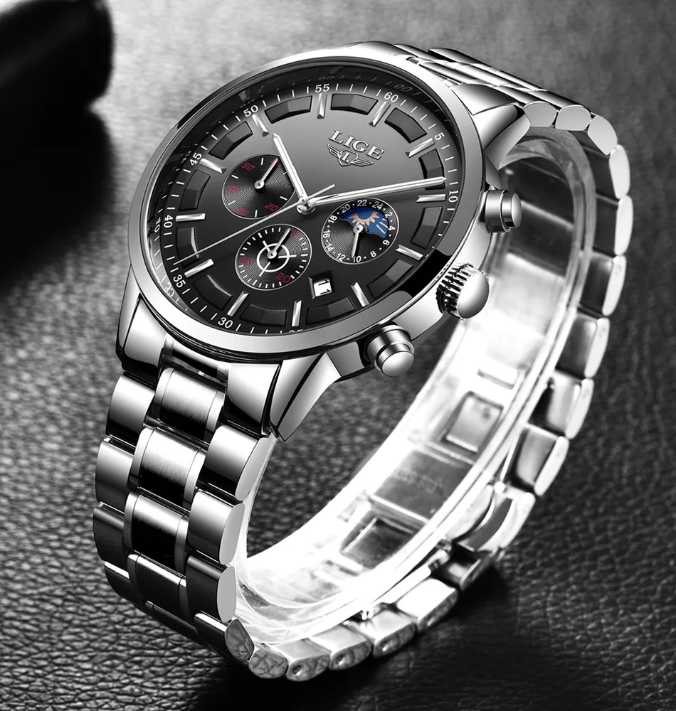 LIGE Men Watches Steel Wristwatch Sport Waterproof Chronograph Analog Quartz Watch Man Business Date Clock Luxury Watch for Men