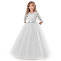 Robe fille 4-14 ans fille arc à manches longues robe de princesse dentelle longue maille robe robe de mariée fleur fille PerformanceDress 3