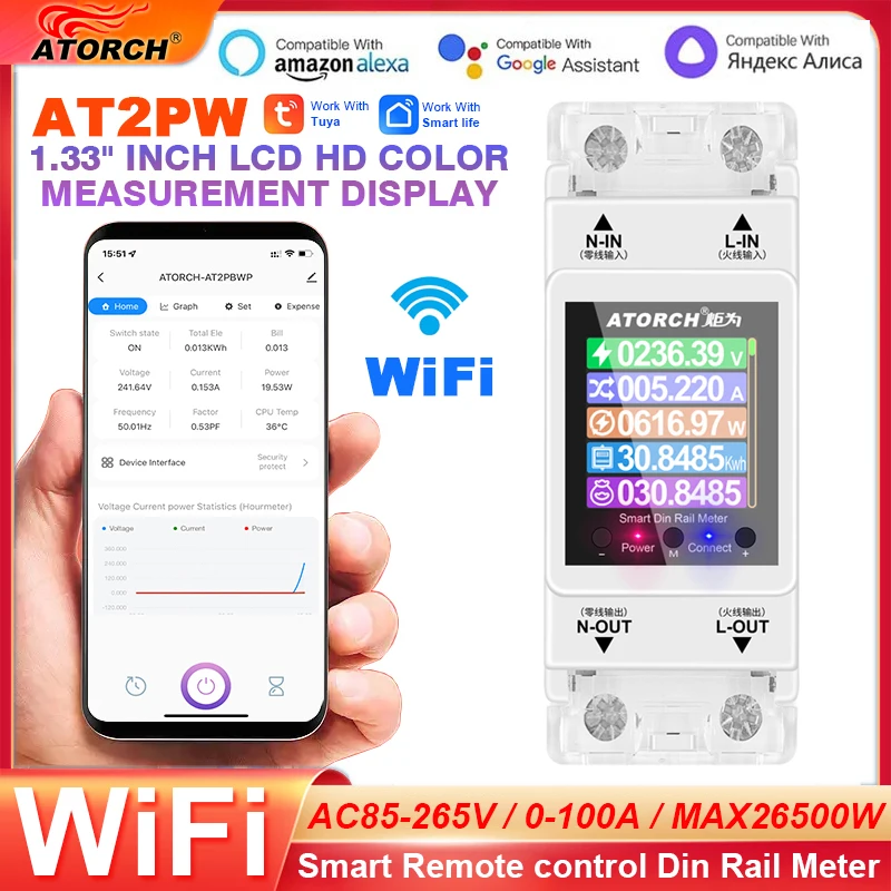 AT2P AC110V 220V 100A Tuya Smart Life WiFi Din Rail Remote Control Monitor Kwh Electricity Power Energy Meter 50/60Hz With RS485