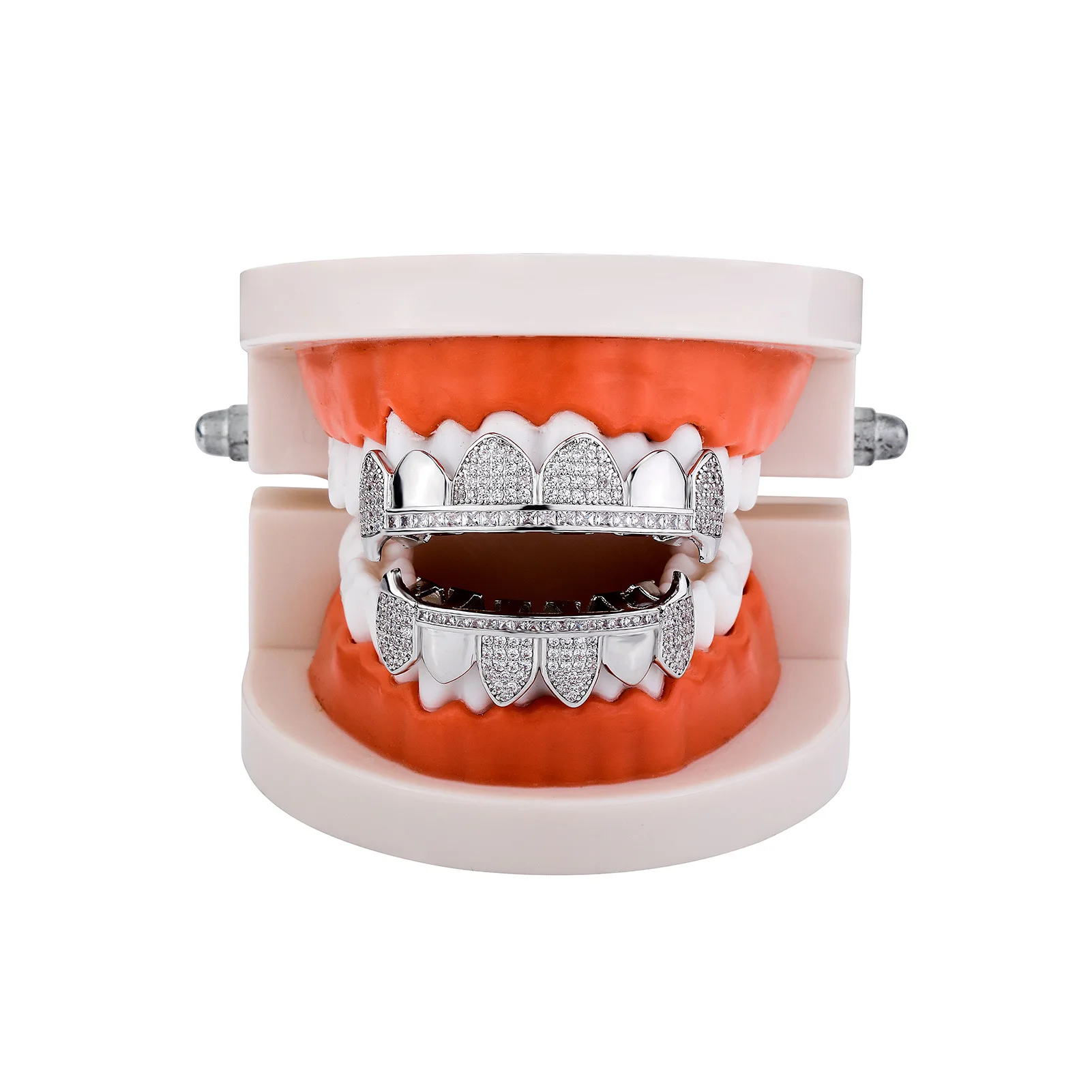 RACHELZ Hip Hop 6/6 Glossy Iced Out CZ Stone Teeth Grillz Fangs Micro-Paved Zircon Tooth Caps For Women Men Jewelry Gift