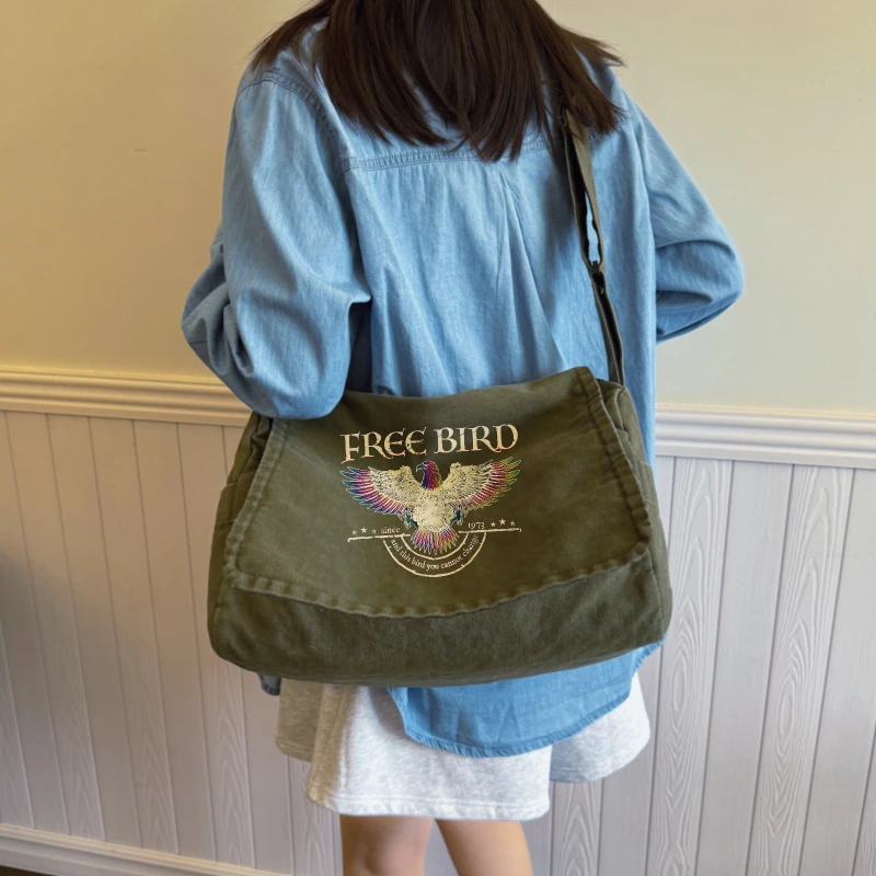 Vintage Women's Crossbody Bag Canvas Eagle Print Large Capacity Messenger Bag for Daily Use