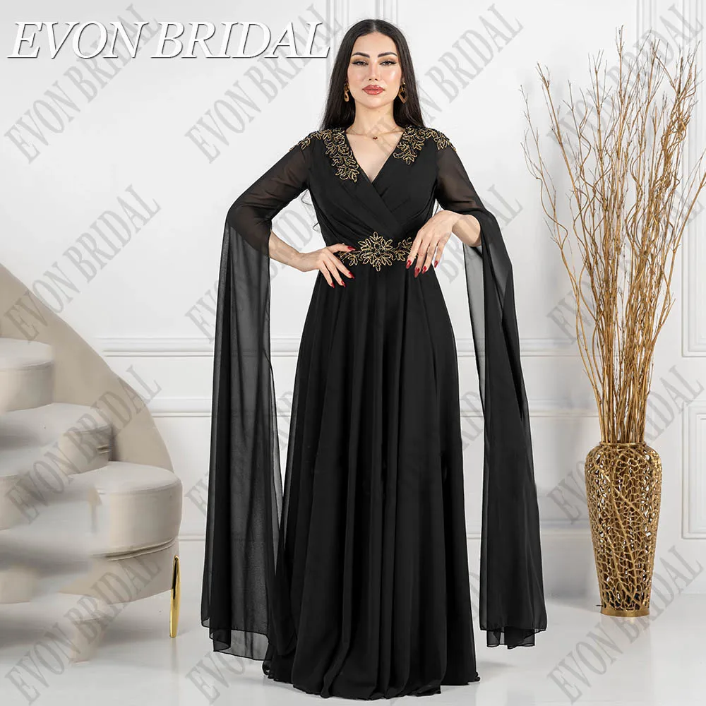 

EVON BRIDAL Dubai Black Evening Dresses Chiffon Arabic Luxury V Neck Shawl Sleeves Beaded Prom Party Celebrity Gown Floor Length