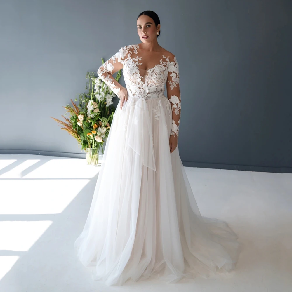 round neck long sleeve wedding dress 2026 White Wedding Dresses Lace Appliques Women's Tulle Ball Gown A-Line Scoop Neck Long Sleeves Floor-Length Elegant Bridal Ball Gowns