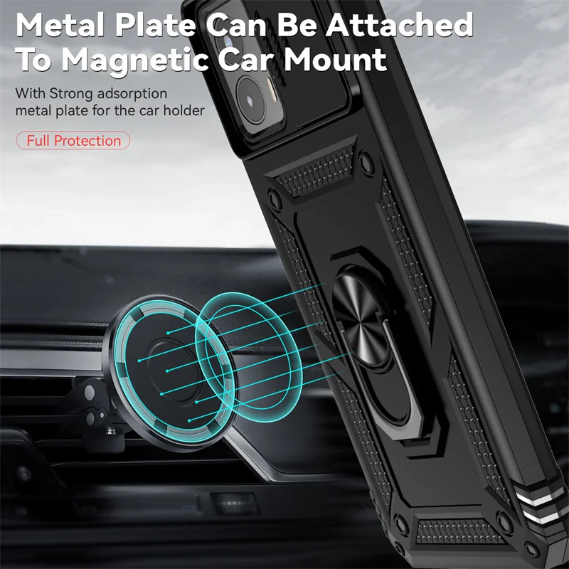Slide Camera Lens Protection Armor Phone Case with Magnetic Holder Ring and Back Cover