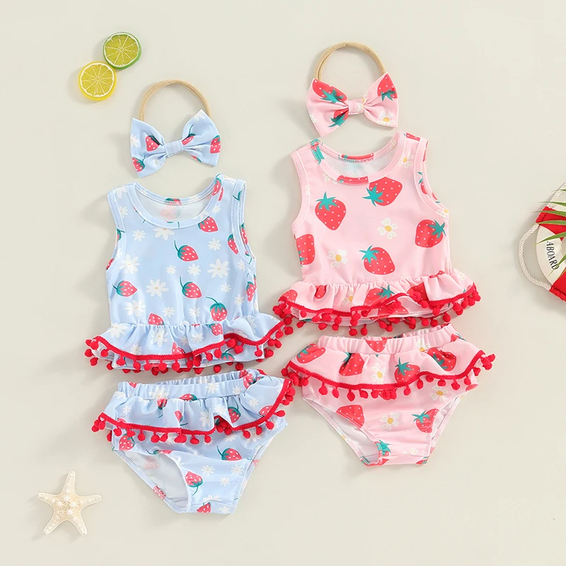 

Летние комплекты бикини для маленьких девочек, топы с принтом клубники и цветов и повязка на голову, купальные костюмы, пляжная одежда