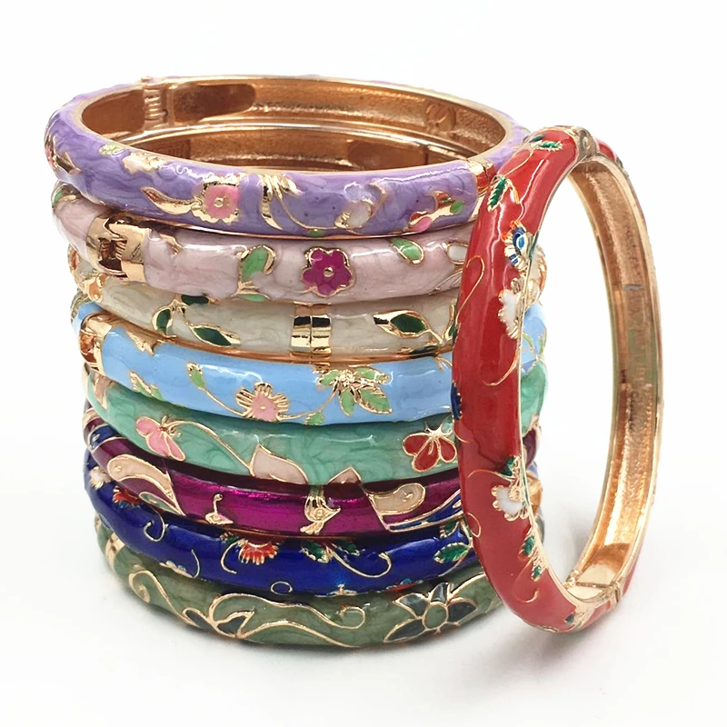 Cloisonné Emaille Armreif Vintage - Blumen Armband Mit Strass Damen Bohemian