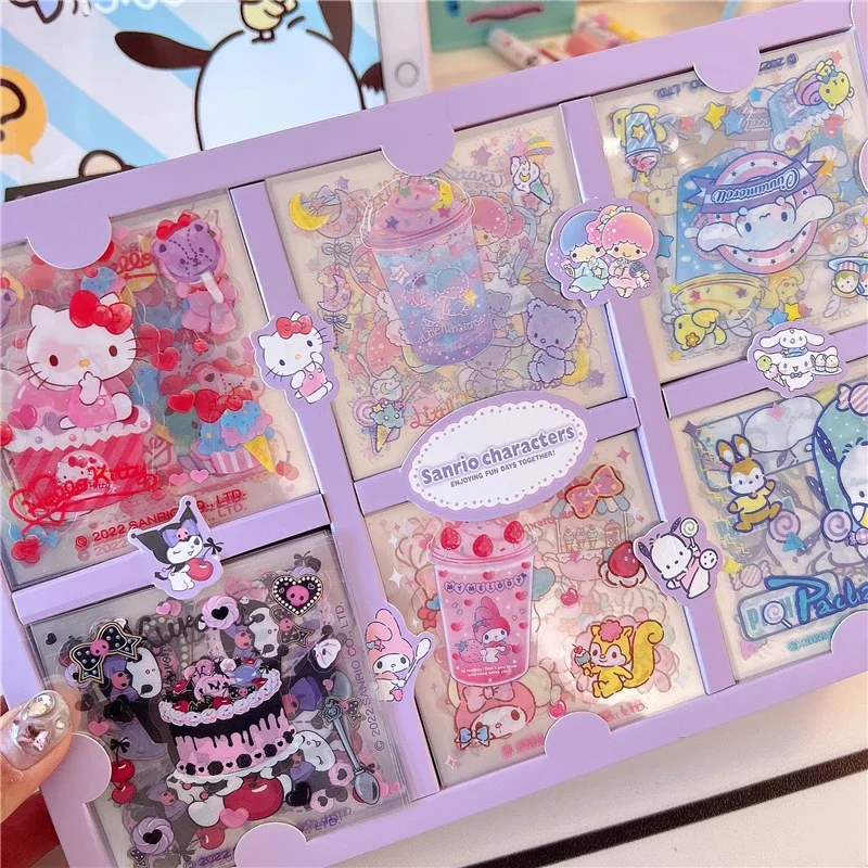 

MINISO 60 листов/коробка Sanrio стикер Kawaii Kitty Cat Kuromi Cinnamoroll Melody Hand аккаунт материал украшения DIY наклейки для детей
