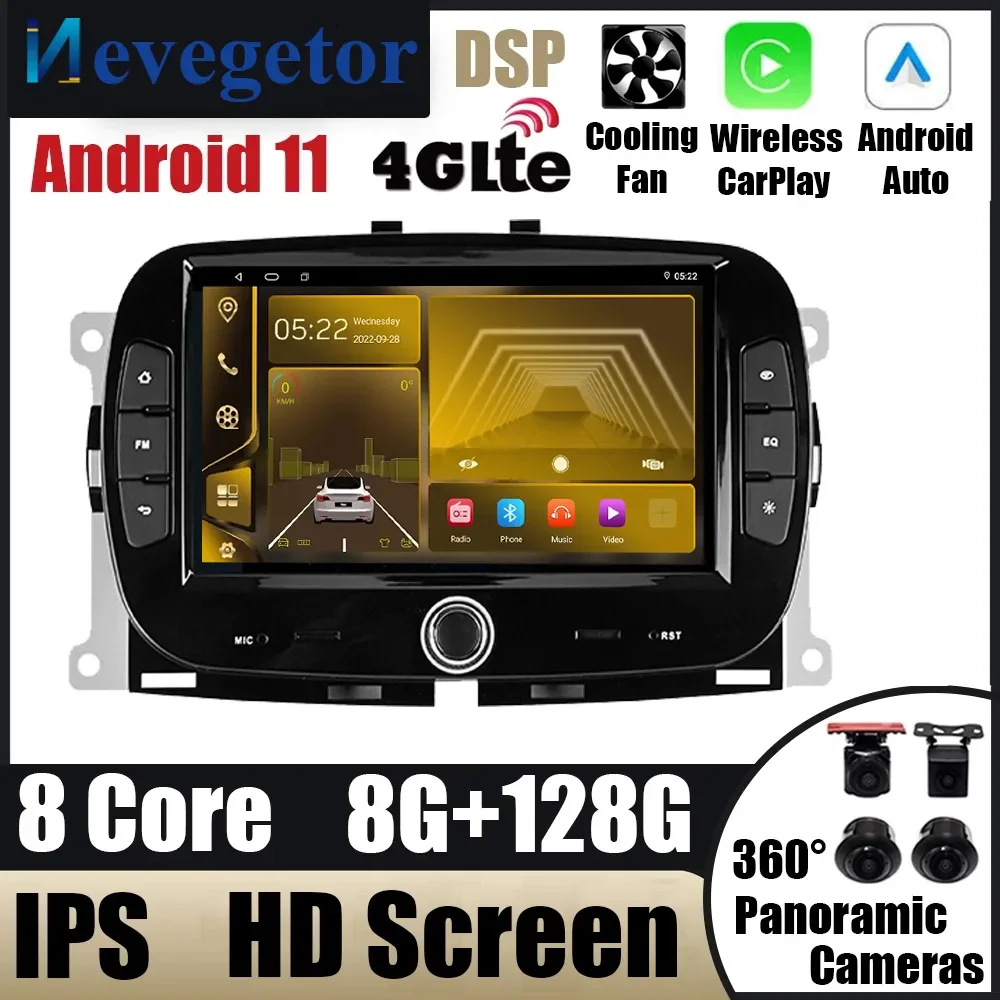 7 ''Touch Screen Android 11 Lettore Dvd Multimediale Per Auto Per Fiat 500 2016 2017 2018 2019 Wireless Carplay Navigazione Gps Audio Bt