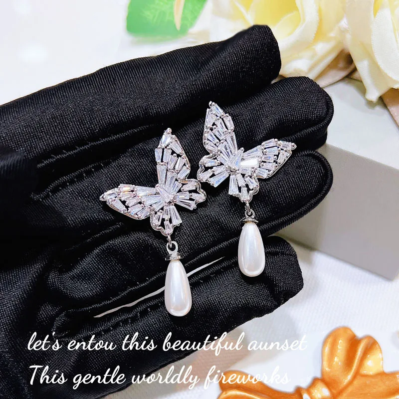 

KOFSAC Exquisite Shiny Zircon Butterfly Earrings Women Party Accessories 925 Sterling Silver Jewelry Water Droplet Pearl Earring