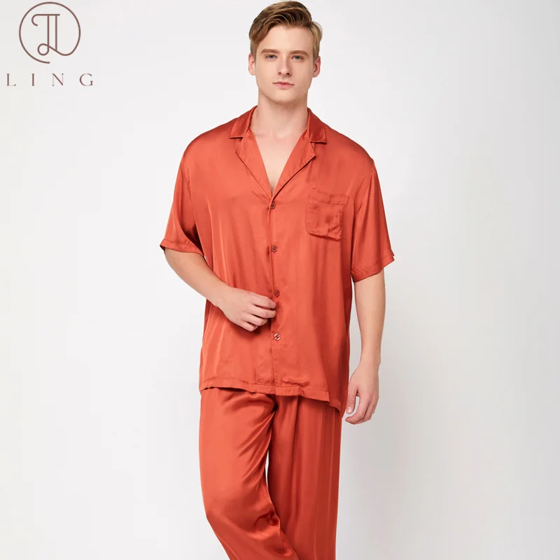 Ling Ginger Orange Silk Satin Mens Pajama Sets Half Sleeve Men's Sleep Lounge Sleepwear Elegant Two Piece Sets M-XXL