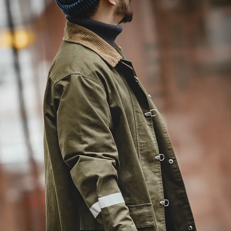 Trench Coat Casual Men Jacket Maden Vintage Corduroy Turn-down Trench Coat For Men Autumn Mid-length Loose-fit Outerwear Streetwear