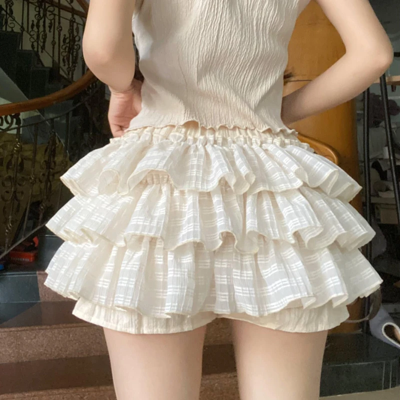 

HOUZHOU Kawaii Lolita Skirt Shorts Women Ruffle Patchwork Layered High Waist Cute Balletcore Mini Skirt Tutu Petticoat Summer
