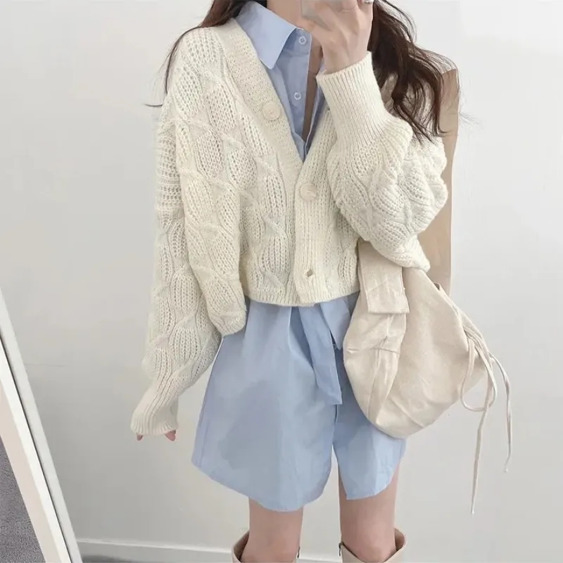 

Women Casual V-Neck Knitting Long Sleeve Cardigans 2023 Autumn Winter Sweet Solid Color Single Breasted Ladies Slim Sweater