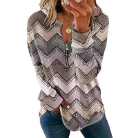 Plus Size 1XL-5XL Women's Fashion Zippered Long Sleeved Top Clothing Women Casual Random Printing with Zipper T-shirt